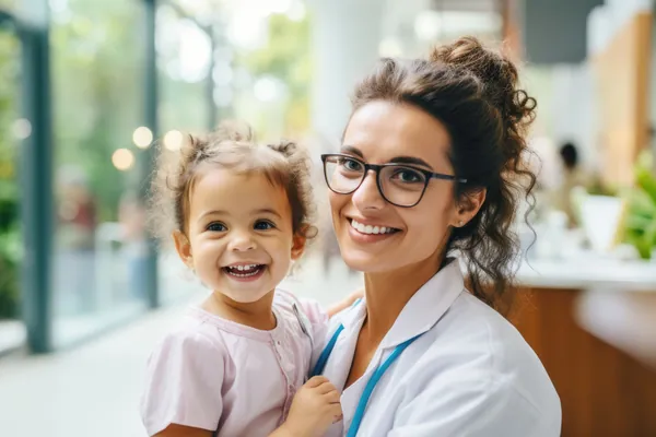 Médica sorrindo ao lado de uma criança em consulta de oftalmopediatria